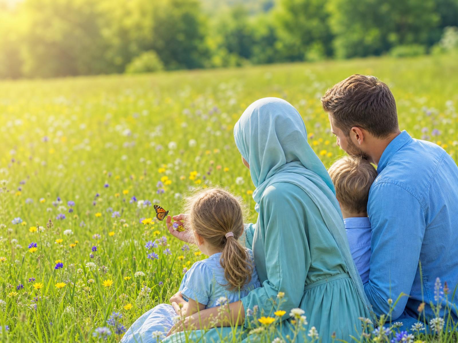 A family with a woman in a soft teal hijab, a man and two young children sitting together in a sunny green meadow with colourful flowers and butterflies, looking at the flowers