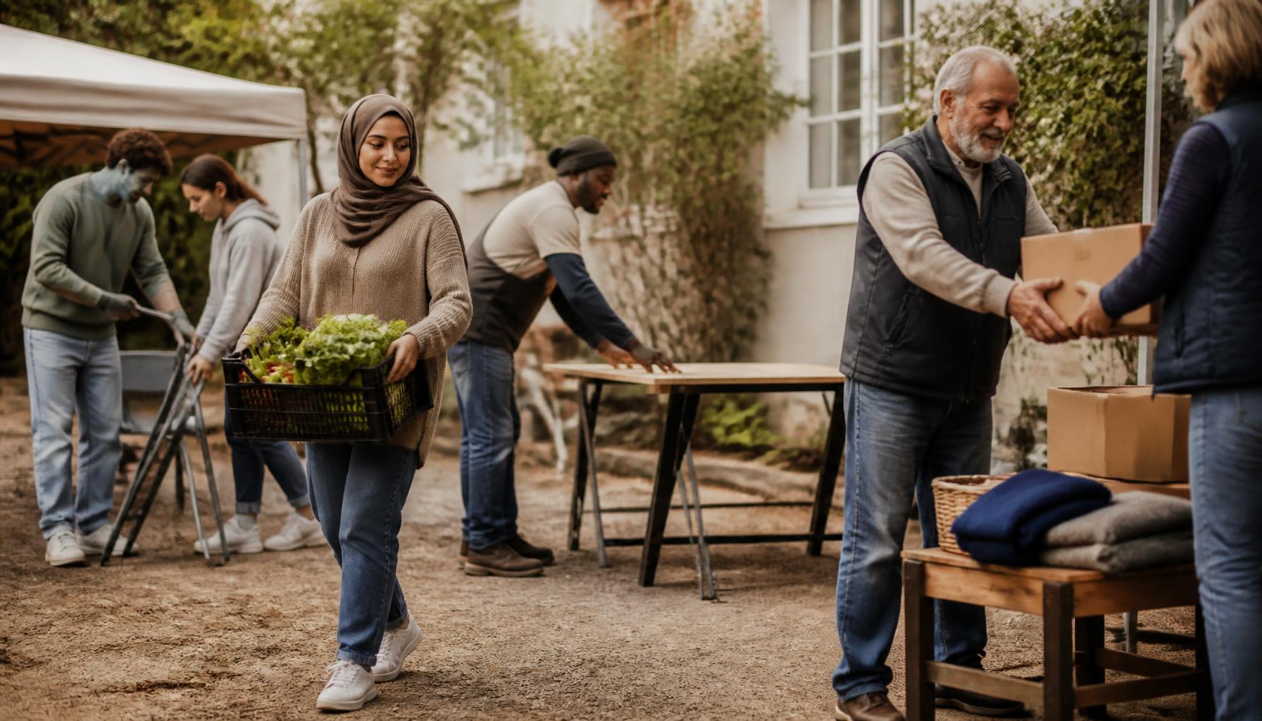Volunteers of different ages setting up together at a community project, carrying crates and passing boxes